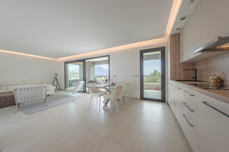 an image of an open apartment with private balcony terrace in mediterranean holiday homeの写真素材