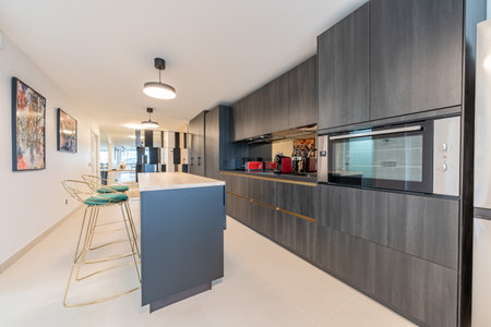 an image of a newly fitted kitchen with black cabinets in luxury mediterranean real estate