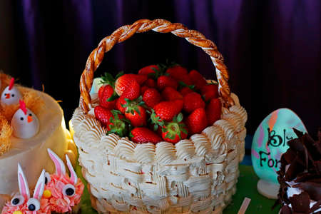 fresh strawberries in a cake basket, dessert food counter