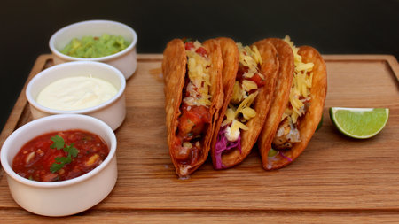mexican tacos on a wood boardの写真素材