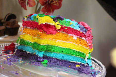 multi coloured delious cake slice, rainbow cake