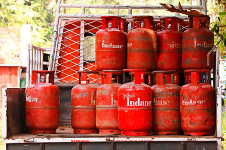 Kochi, Kerala, India -February 17, 2021 liquid petroleum gas( LPG ) distributing in a vehicle for home usageのeditorial素材