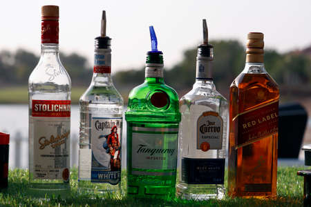 Dubai, United Arab Emirates - march 17, 2022 different varieties of alcohol bottles on a grass display outdoorのeditorial素材
