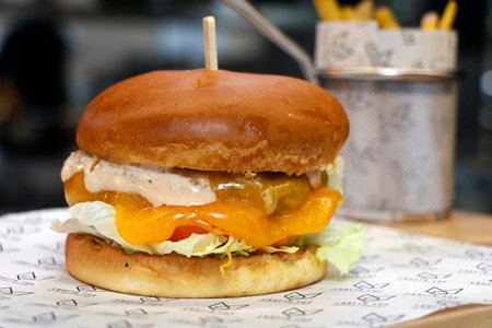 angus beef burger with mushroom, cheese, tomatoes,eggs and lettuce in close upの写真素材