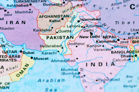 close up of a world map with the border between India and pakistan in focusの写真素材