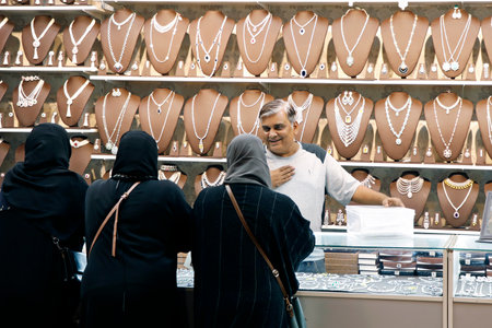 Dubai, United Arab Emirates - January 3  2023 Gold jewelry diamond shop with rings and necklaces...
