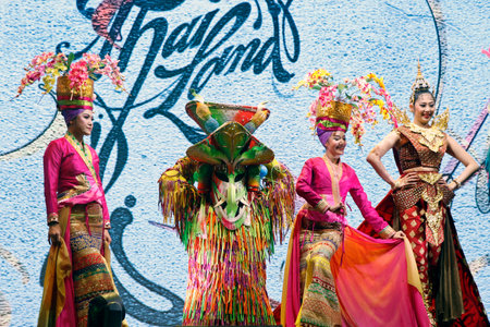 Dubai, United Arab Emirates - March 15, 2022 thai traditional dancers with colorful authentic costume in a stageのeditorial素材