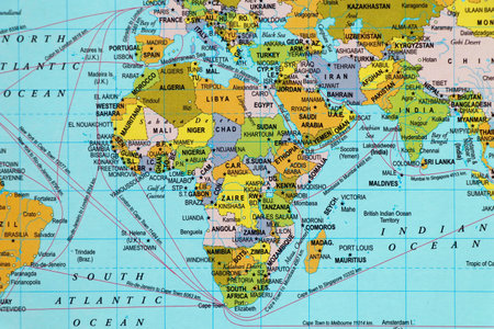 world map with close up focus on african continentの写真素材
