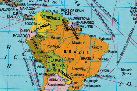 world map with south american continent, countries and oceansの写真素材