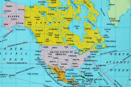 world map with north american continent, countries and oceans, alaska, america and canada in focusの写真素材