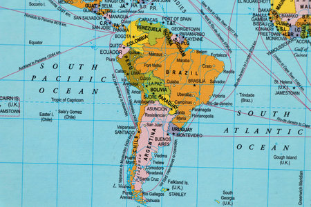 world map with south american continent, countries and oceansの写真素材