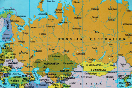 world map of russian federation and country borders, ukraine, kazakhstan in close up focusの写真素材