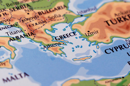 world map of european border, greece and albania in close up focus