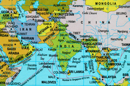 world map of asia and country borders, india, pakistan, china in close up focusの写真素材
