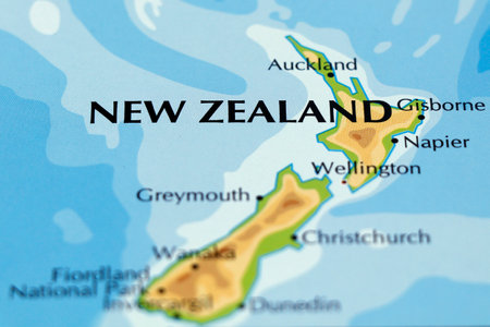 world map of New Zealand and napier, wellington, christchurch, auckland in close up focusの写真素材