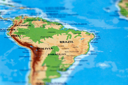 world map of south american countries and brazil, colombia, peru in close up focusの写真素材