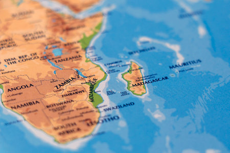 world map of african countries and arabian sea, madagascar island and zambia in close up focusの写真素材