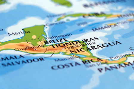 world map of south american coastal side and nicaragua, honduras, belize in close up focusの写真素材