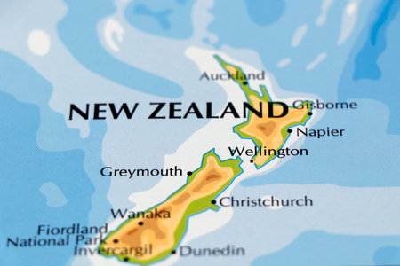 world map of New Zealand and greymouth, wellington, christ church in close up focusの写真素材