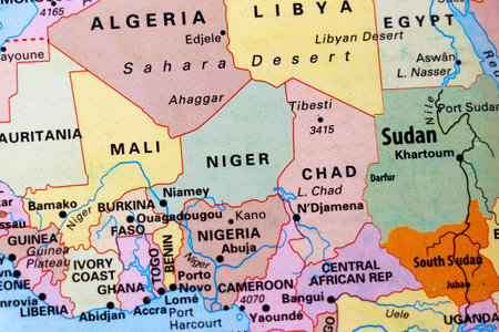 Niger and capital city Niamey in focus, officially Republic of Niger, country in West Africa. bordered by Libya, Chad, Nigeria, Benin and Burkina Faso, Mali and Algeriaの写真素材
