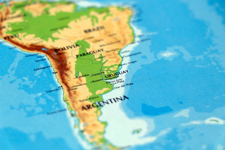 world map of south america and argentina, uruguay and paraguay country in close upの写真素材