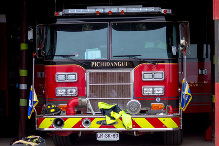 Red fire truck in Chiang Mai, Thailand.の写真素材