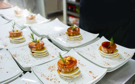 Elaboration of design dishes. Scenes of real teamwork by great Spanish professionals of gourmet...