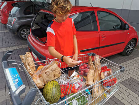 Teenager helping with housework worrying about the shopping cart