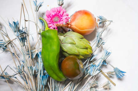 Food, nutrients. Still life of vegetables and plantsの写真素材