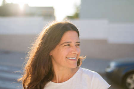 Portrait of an attractive and happy woman with an attractive and happy front.の写真素材