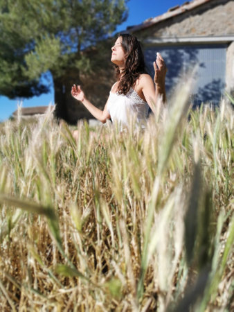 Happy middle-aged woman relaxing in a field of wheat fields.の写真素材
