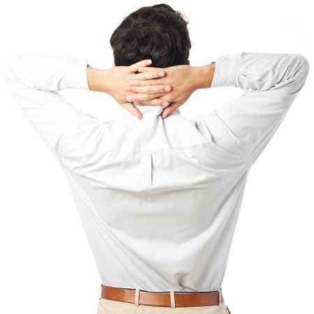man back view relaxing on a white backgroundの写真素材