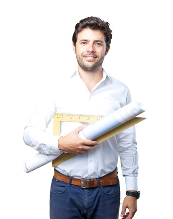 Young architect working over white backgroundの写真素材