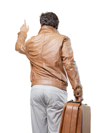 Tourist with brown jacket on whiteの写真素材