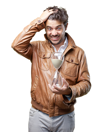 Tourist with brown jacket on whiteの写真素材