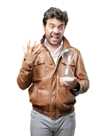 Tourist with brown jacket on whiteの写真素材