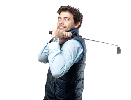 man playing golf on whiteの写真素材