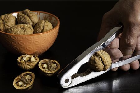 Handful of walnuts in orange ceramic bowl, walnuts  broken and hand with nutcracker on black...