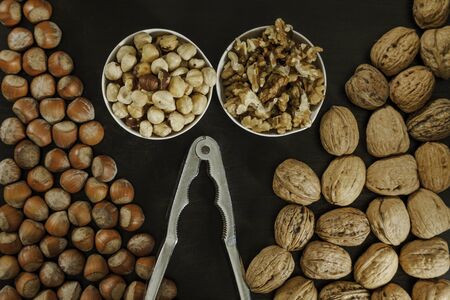 Hazelnuts and walnuts in triangle, nutcracker and two fruits bowls in the middle on dark background top viewの写真素材