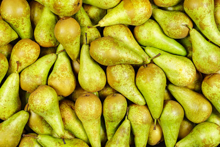 Background of many pieces of green pears, overhead view, studio food photography. Macro