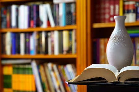 library with many books to read, arranged on shelves. Open book and vase in the foreground....