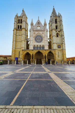 Central esplanade of the baroque cathedral of the city of Leon in Spain.の写真素材