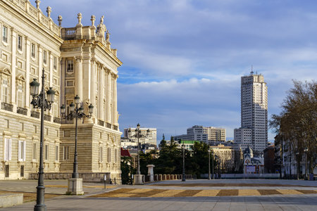 Facade of the Royal Palace of Madrid at dawn, spectacular building residence of kings. Spain.のeditorial素材