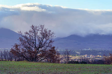 Winter mountain landscape with leafless trees and rustic houses at the foot of the mountain.の写真素材