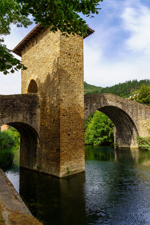 Roman Church and Bridge over the river in Balmaseda Basque Country Spain. Europe.の写真素材