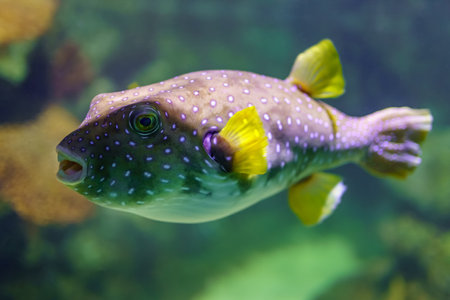 Puffer fish before swelling and swimming quietly in the sea water.の写真素材