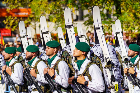 Madrid, Spain, October 12, 2022: parade of the special mountain corps of the Spanish army through...