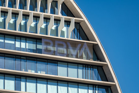 Madrid, Spain, February 4, 2023: Detail of the BBVA brand in its main building at the headquarters in Madrid.のeditorial素材