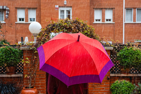 Person walking down the street with a red umbrella as rain falls in the city.