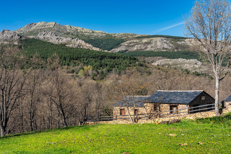 Idyllic image with small stone houses next to the mountains in a green meadow, Guadalajara, Spain.の写真素材